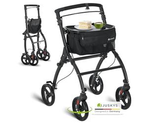 Juskys Déambulateur d'Appartement en Aluminium avec Sac & Plateau - Rollator Intérieur Léger, Étroit & Pliable - Noir