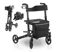 Juskys Déambulateur pliable et léger en aluminium Aide à la marche réglable en hauteur avec siège, sac et support parapluie Noir