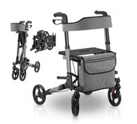 Juskys Déambulateur Vital gris - déambulateur pliable et léger en aluminium, pouvant supporter jusqu'à 130 kg de charge - aide à la marche réglable en hauteur avec siège, sac et porte-parapluie