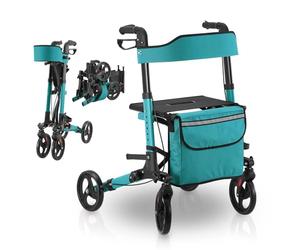 Juskys Déambulateur Vital pétrole- déambulateur pliable et léger en aluminium, pouvant supporter jusqu'à 130 kg de charge - aide à la marche réglable en hauteur avec siège, sac et porte-parapluie