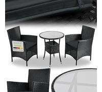 Juskys Ensemble de Balcon en rotin synthétique Bayamo pour 2 Personnes - Table avec Plateau en Verre et 2 chaises - Meubles de Balcon résistant aux intempéries - Coussins lavables - Noir - Gris
