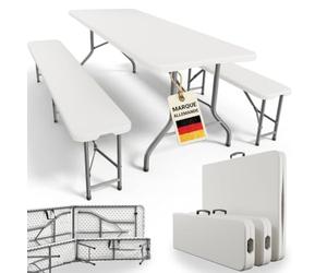 Juskys Ensemble de Table Pliante Exterieur avec 2X Banc de Brasserie - 3 pièces - 180 x 70 x 74 cm - résistant aux intempéries - Salon de Jardin Pliable pour Tente, Barnum, Camping, Pique Nique