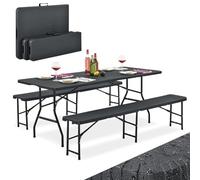Juskys Ensemble pour Stand de Brasserie Amberg 3 pièces, Pliable - 180x74x74 cm - Table de Jardin avec 2 bancs en rotin synthétique - Meubles pour Tente, Barnum, Camping & Picnic