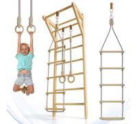 Juskys Espalier pour Enfants - avec Barre de Traction, Structure d'escalade intérieure avec Anneaux de Gymnastique et échelle de Corde, Mur d'escalade pour Chambre d'enfant, Barre de Sport