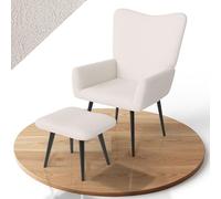 Juskys Fauteuil à Oreilles Odense avec Repose-Pieds, Fauteuil Relax en Tissu bouclé, Style scandinave, Dossier Haut & rembourré, Structure en Acier - Beige