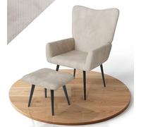 Juskys Fauteuil à Oreilles Odense avec Repose-Pieds, Fauteuil Relax en Velours côtelé, Style scandinave, Dossier Haut & rembourré, Structure en Acier - Beige