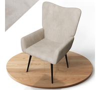 Juskys Fauteuil à Oreilles Odense, Fauteuil Relax en Velours côtelé, Style scandinave, Dossier Haut & rembourré, Structure en Acier - Beige