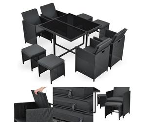 Juskys Groupe de sièges en polyrotin Baracoa L 9 pièces résistant aux intempéries et empilable - Ensemble de Salon de Jardin avec 4 chaises, 4 tabourets et Table pour Jardin - Noir, 8 Personnes