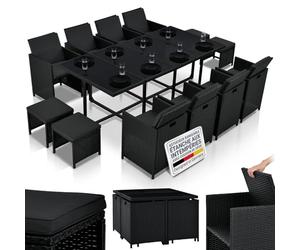Juskys Groupe de sièges en polyrotin Baracoa XXL 13 pièces résistant aux intempéries et empilable - Ensemble de mobilier de Jardin avec 8 chaises, 4 tabourets et Table - Noir, 12 Personnes