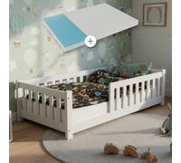 Juskys Lit au Sol Enfant Naya 80x160 cm avec Matelas, Barrière de Sécurité et Sommier à Lattes, Lit à barreaux Montessori en Bois Massif Pin pour Enfants, Blanc