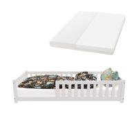 Juskys Lit au Sol Enfant Naya 90x200 cm avec Matelas, Barrière de Sécurité et Sommier à Lattes, Lit à barreaux Montessori en Bois Massif Pin pour Enfants, Blanc