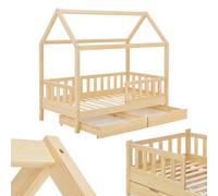 Juskys Lit cabane Enfant Marli 80x160 cm avec 2 tiroirs, Protection antichute, sommier à Lattes, Matelas et Toit, Lit Maison Montessori en Bois Massif, Nature