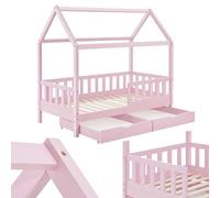 Juskys Lit cabane Enfant Marli 80x160 cm avec 2 tiroirs, Protection antichute, sommier à Lattes, Matelas et Toit, Lit Maison Montessori en Bois Massif, Rose