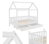 Juskys Lit cabane Enfant Marli 80x160 cm avec 2 tiroirs, Protection antichute, sommier à Lattes, Matelas et Toit, Lit Maison Montessori en Bois Massif, Blanc