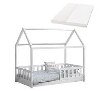 Juskys Lit cabane Enfant Marli 80x160 cm avec Protection antichute, sommier à Lattes, Matelas et Toit, Lit Maison Montessori en Bois Massif, Blanc
