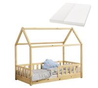 Juskys Lit cabane Enfant Marli 80x160 cm avec Protection antichute, sommier à Lattes, Matelas et Toit, Lit Maison Montessori en Bois Massif, Nature
