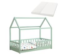 Juskys Lit cabane Enfant Marli 80x160 cm avec Protection antichute, sommier à Lattes, Matelas et Toit, Lit Maison Montessori en Bois Massif, Menthe