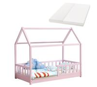Juskys Lit cabane Enfant Marli 80x160 cm avec Protection antichute, sommier à Lattes, Matelas et Toit, Lit Maison Montessori en Bois Massif, Rose
