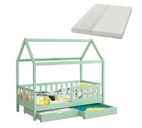 Juskys Lit cabane Enfant Marli 90x200 cm avec 2 tiroirs, Protection antichute, sommier à Lattes, Matelas et Toit, Lit Maison Montessori en Bois Massif, Menthe