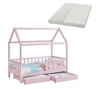 Juskys Lit cabane Enfant Marli 90x200 cm avec 2 tiroirs, Protection antichute, sommier à Lattes, Matelas et Toit, Lit Maison Montessori en Bois Massif, Rose