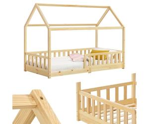Juskys Lit cabane Enfant Marli 90x200 cm avec Protection antichute, sommier à Lattes et Toit, Lit Maison Montessori en Bois Massif, Nature