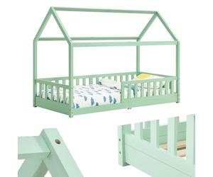 Juskys Lit cabane Enfant Marli 90x200 cm avec Protection antichute, sommier à Lattes et Toit, Lit Maison Montessori en Bois Massif, Menthe