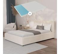 Juskys lit capitonné Salerno 140 x 200 cm avec Matelas - Velours côtelé Beige, lit Moderne avec tête & Pied, Cadre en Bois & métal, sommier à Lattes, capacité 500 kg