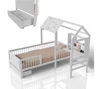 Juskys Lit Enfant Yari 90x200 cm - lit Simple avec Bureau et tiroir, en Bois de pin et matériaux durables, Design ludique en Forme de maisonnette - Blanc