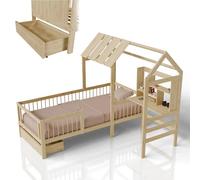Juskys Lit Enfant Yari 90x200 cm - lit Simple avec Bureau et tiroir, en Bois de pin et matériaux durables, Design ludique en Forme de maisonnette - Naturel