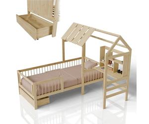 Juskys Lit Enfant Yari 90x200 cm - lit Simple avec Bureau et tiroir, en Bois de pin et matériaux durables, Design ludique en Forme de maisonnette - Naturel