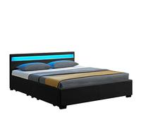 Juskys Lit rembourré Lyon 140x200 cm avec Coffre, LED, sommier à Lattes et tête de lit, Simili Cuir, Cadre de lit pour Adulte et ado, 1 Personne, Noir