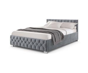 Juskys lit rembourré Nizza 140x200 cm avec sommier à Lattes, Coffre et éclairage LED, Cadre de lit avec Housse en Velours et surpiqûre Chesterfield, Gris