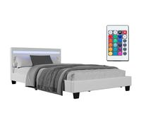 Juskys Lit rembourré Paris 120x200 cm avec sommier à Lattes, éclairage LED, Matelas et tête de lit, revêtement en Similicuir, Cadre de lit pour Adulte et ado, 1 Personne, Blanc