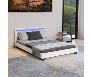 Juskys Lit rembourré Paris 140x200 cm avec éclairage LED, sommier à Lattes et tête de lit, Simili Cuir, Cadre de lit pour Adulte et ado, 1 Personne, Blanc