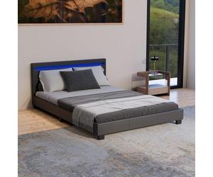Juskys Lit rembourré Paris 140x200 cm avec éclairage LED, sommier à Lattes et tête, Simili Cuir, pour Adulte et ado, 1 Personne, Noir