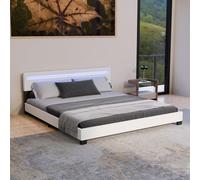 Juskys Lit rembourré Paris 180x200 cm avec éclairage LED, sommier à Lattes et tête de lit, Simili Cuir, Cadre de lit pour Adulte et ado, 2 Personnes, Blanc