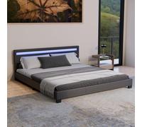 Juskys Lit rembourré Paris 180x200 cm avec éclairage LED, sommier à Lattes et tête de lit, Simili Cuir, Cadre de lit pour Adulte et ado, 2 Personnes, Noir