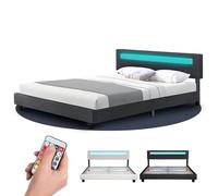Juskys Lit rembourré Paris 180x200 cm avec éclairage LED, sommier à Lattes et tête, Simili Cuir, pour Adulte et ado, 2 Personnes, Gris