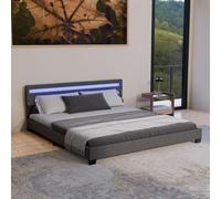 Juskys Lit rembourré Paris 180x200 cm avec éclairage LED, sommier à Lattes et tête, Simili Cuir, pour Adulte et ado, 2 Personnes, Gris
