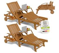 Juskys Lot de 2 Bains de Soleil SunScape en Bois d’Acacia Naturel avec Table réglable Repose-Jambes Dossier Ajustable Pliable roulettes 196 x 72,5 x 30 cm