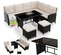 Juskys Salon de Jardin Lounge Manacor en polyrotin Noir - avec canapé, Table, 2 tabourets & Coussins - Ensemble de Meubles pouvant accueillir jusqu'à 7 Personnes - Housses de Couleur crème
