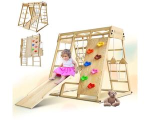 Juskys Maxi Structure pour Enfants - Aire de Jeux Intérieure avec Toboggan, Mur d'Escalade, Filet à Grimper & Balançoire - Tour Pliable en Bois - Coloris Naturel