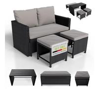 Juskys Meubles de Jardin en polyrotin 2 en 1 Jamaika avec Table, Banc et 2 tabourets - Coussins avec Housses lavables, pour Jardin, Terrasse ou Balcon, Peut accueillir jusqu'à 4 Personnes - Noir Gris