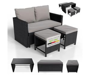 Juskys Meubles de Jardin en polyrotin 2 en 1 Jamaika avec Table, Banc et 2 tabourets - Coussins avec Housses lavables, pour Jardin, Terrasse ou Balcon, Peut accueillir jusqu'à 4 Personnes - Noir Gris