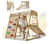 Juskys Mini Structure d'Escalade pour Enfants - Aire de Jeux Intérieure avec Toboggan, Mur d'Escalade, Filet à Grimper & Anneaux de Gym - Tour Pliable en Bois - Coloris Naturel