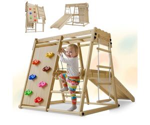 Juskys Mini Structure d'Escalade pour Enfants - Aire de Jeux Intérieure avec Toboggan, Mur d'Escalade, Filet à Grimper & Anneaux de Gym - Tour Pliable en Bois - Coloris Naturel