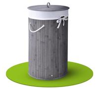 Juskys Panier à linge en bambou Curly-Round - collecteur de linge avec couvercle, poignées de transport & sac à linge en tissu - panier à linge 1 compartiment- Gris, 55 litres