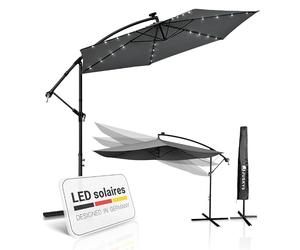 Juskys Parasol feu tricolore Eclairage LED Brésil, solaire & manivelle - Protection UV, déperlant, articulé - parasol, parasol de marché, parasol de jardin- Gris, 350cm