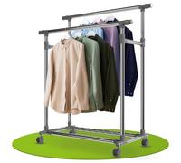 Juskys Portant à vêtements métallique sur roulettes, hauteur réglable en continu, 2 barres extensibles & tablette, portemanteau mobile stable & autonome, tringle à vêtements en acier inoxydable