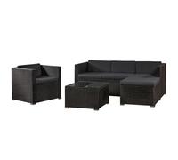 Juskys Salon de Jardin en polyrotin Lounge Punta Cana L, résistant aux intempéries - avec canapé, Fauteuil, Tabouret, Table & Coussins - 4-5 Personnes - Ensemble de Meubles de Jardin Noir/Gris